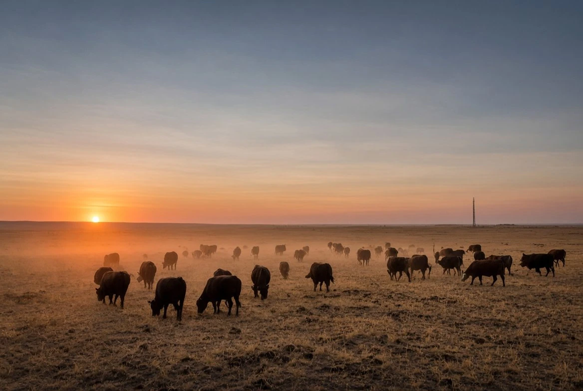 Concept landscape with cattle on open pasture at dawn